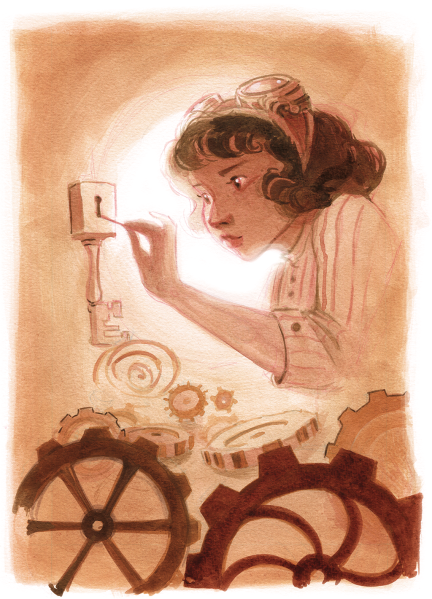 sepia watercolour of girl tinkering with a clockwork key.